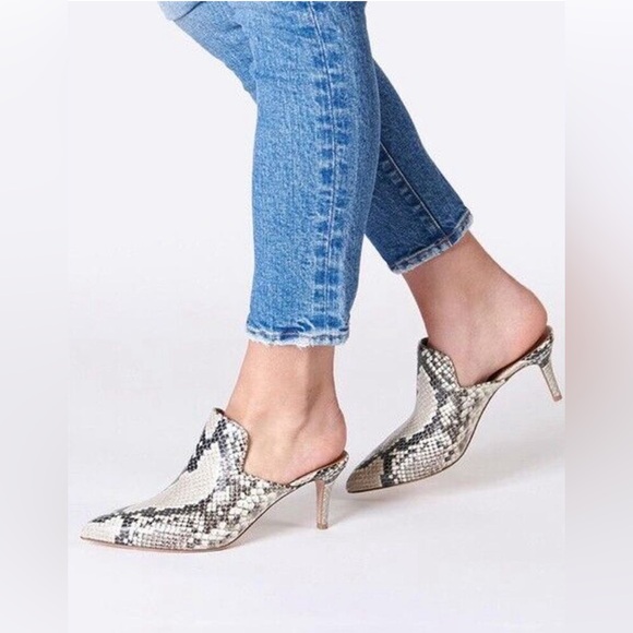 Veronica Beard Pearla Mules Python Snake Embossed Kitten Heel Pointed Toe Sz 8.5